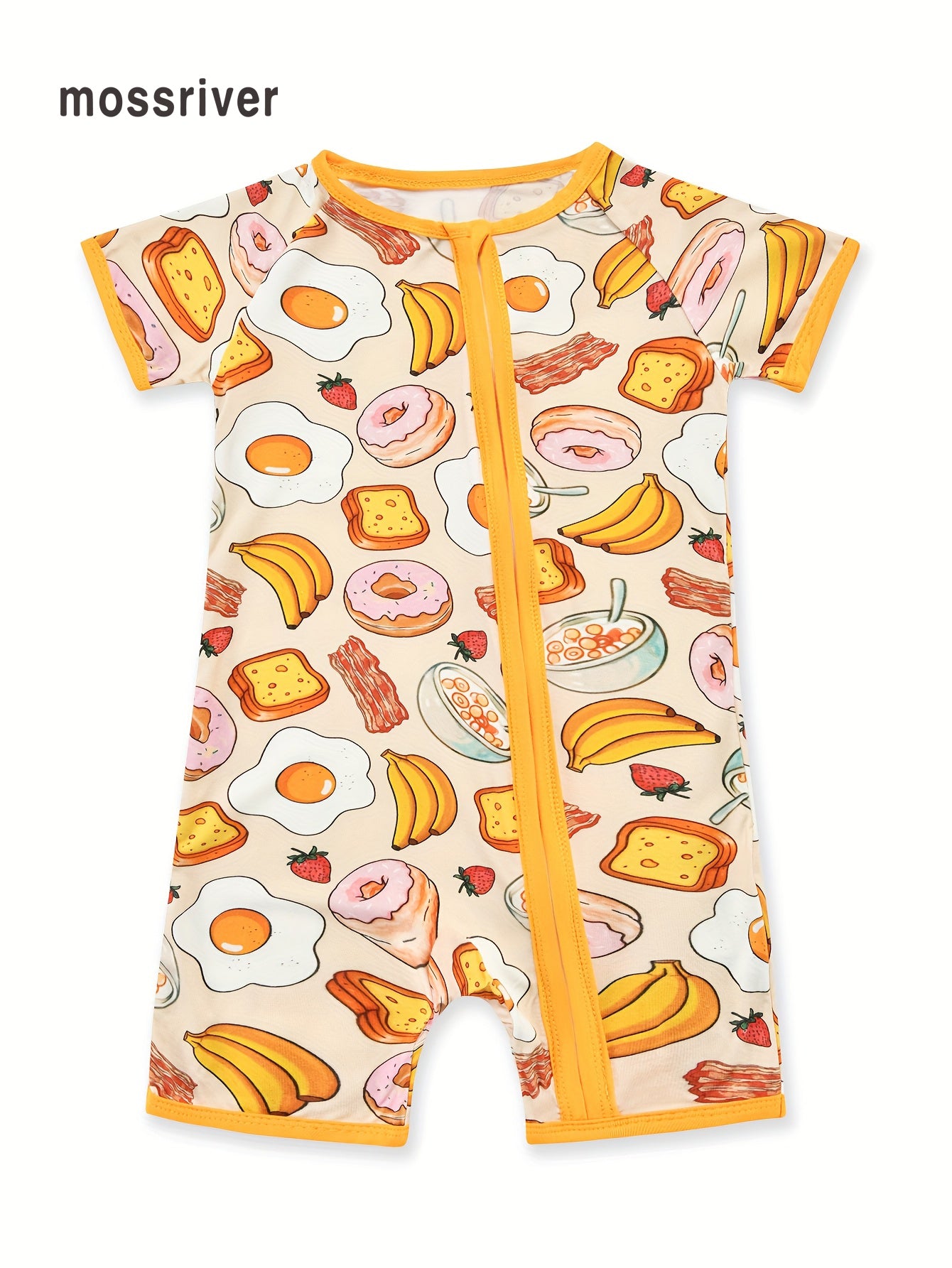 MossRiver Newborn girls' zipper onesie, bamboo fiber tight fit, food series banana bread cartoon print romper, baby short-sleeve romper for girls, summer thin style.