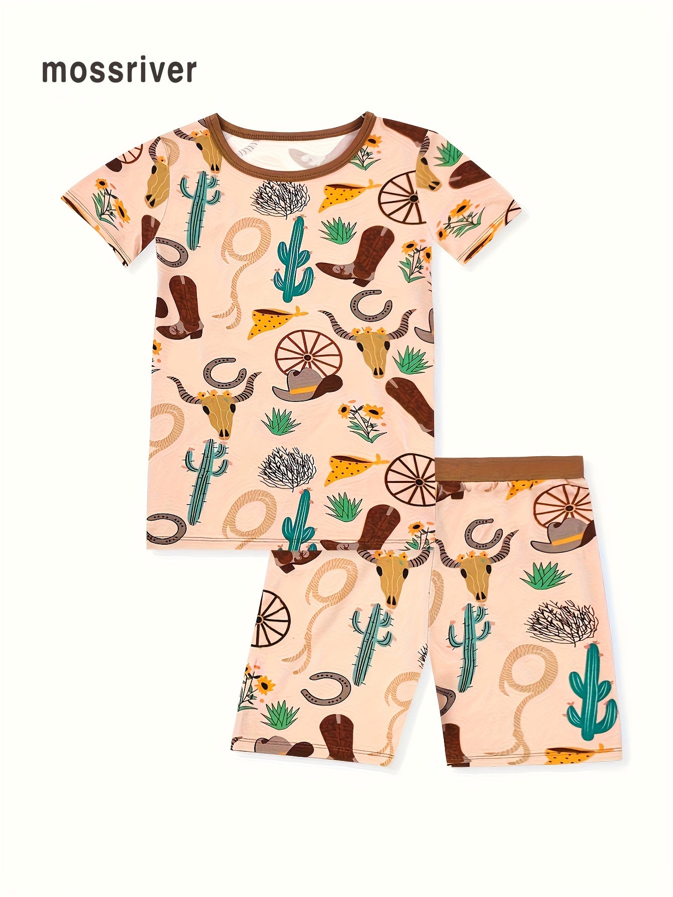MossRiver Baby boy short sleeve shorts pajamas underwear set Tight fit High quality soft fabric bamboo fiber Western denim series Denim elements full body print pattern Loungewear set Suitable for all seasons, casual and comfortable for daily wear