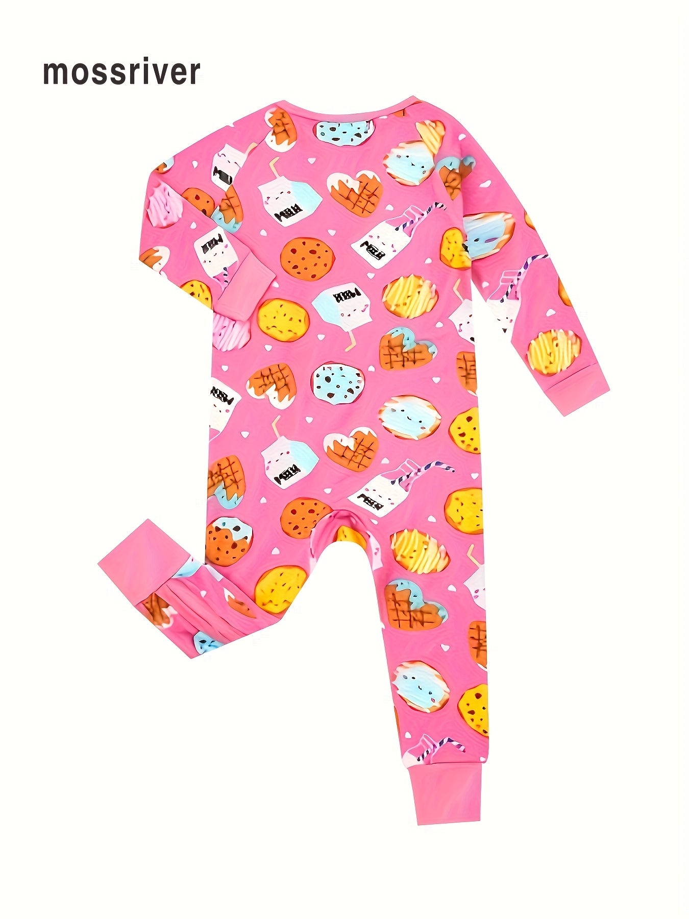 MossRiver Newborn baby girl stretch comfortable bamboo fiber tight-fitting zipper jumpsuit Food series cartoon pink biscuit milk print pattern Baby girl bodysuit can be worn outside