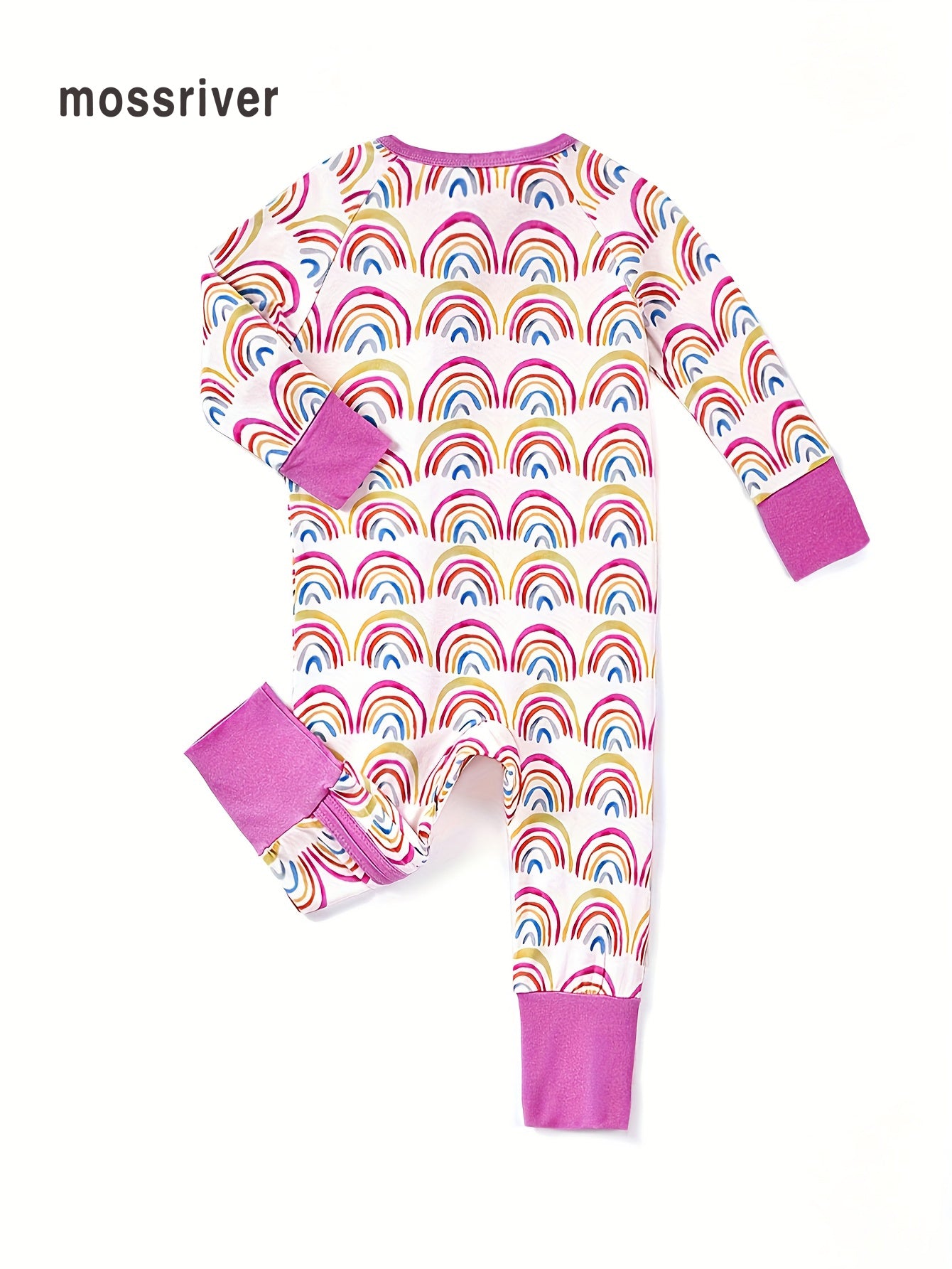 MossRiver Newborn baby male and female baby bamboo fiber tight fit zipper jumpsuit cartoon rainbow series print pattern jumpsuit front open button baby boy and girl baby autumn and winter bamboo fiber clothes