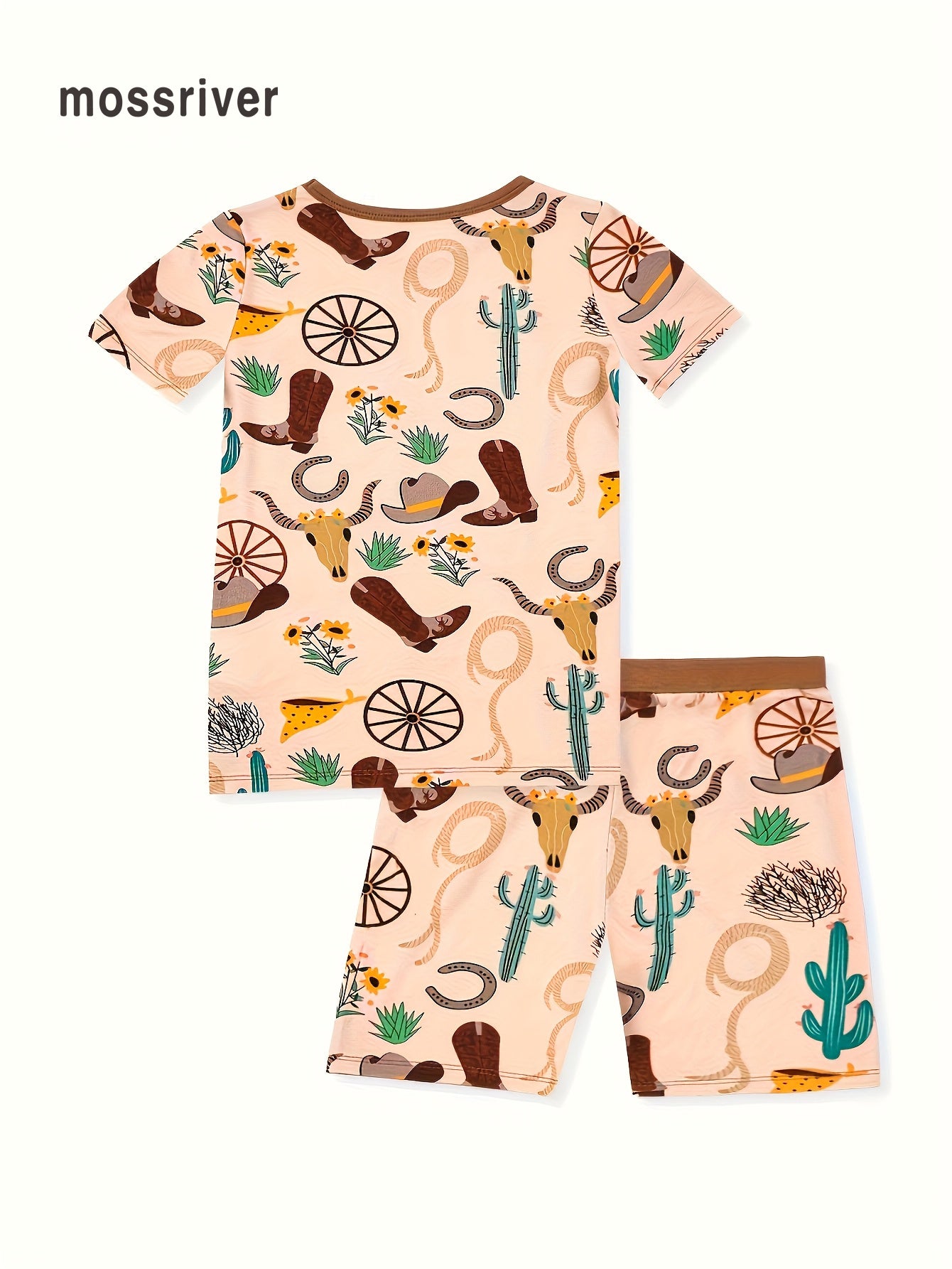 MossRiver Baby boy short sleeve shorts pajamas underwear set Tight fit High quality soft fabric bamboo fiber Western denim series Denim elements full body print pattern Loungewear set Suitable for all seasons, casual and comfortable for daily wear