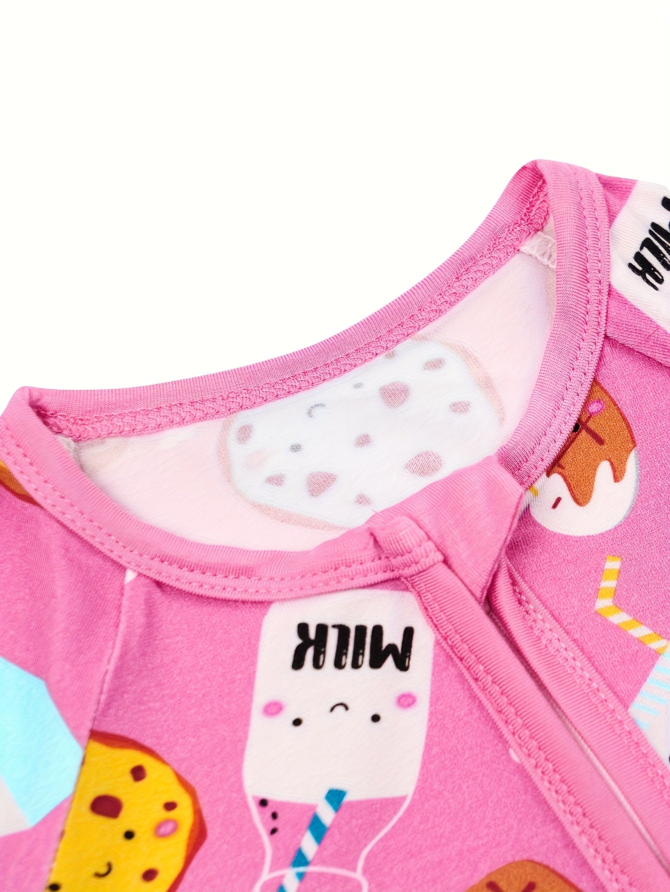 MossRiver Newborn baby girl stretch comfortable bamboo fiber tight-fitting zipper jumpsuit Food series cartoon pink biscuit milk print pattern Baby girl bodysuit can be worn outside