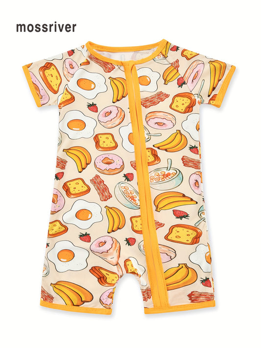 MossRiver Newborn girls' zipper onesie, bamboo fiber tight fit, food series banana bread cartoon print romper, baby short-sleeve romper for girls, summer thin style.