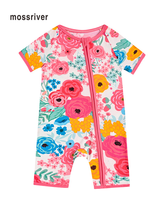 MossRiver Newborn Baby Girl Zipper Jumpsuit Bamboo Fiber Tight Fit Flower Series Plain Rose Full Body Printed Pattern Jumpsuit Baby Shorts Baby Girl Clothing Summer Thin