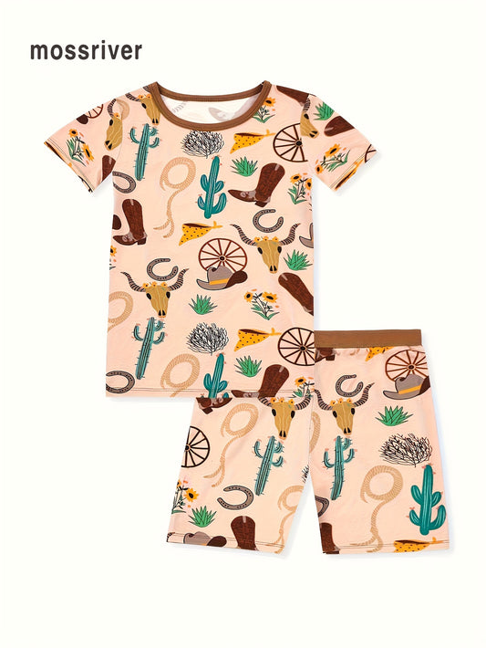 MossRiver Baby boy short sleeve shorts pajamas underwear set Tight fit High quality soft fabric bamboo fiber Western denim series Denim elements full body print pattern Loungewear set Suitable for all seasons, casual and comfortable for daily wear