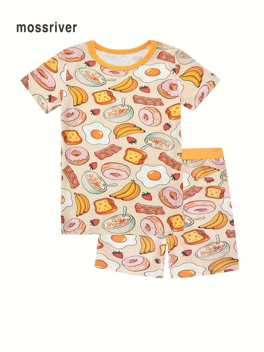 MossRiver Baby Girl Short Sleeve Shorts Pajama Set Tight Fit, High Quality Soft Fabric, Bamboo Fiber Gourmet Series, Eggs, Banana Bread, Full Body Print Pattern, Loungewear Set Suitable for all seasons, casual and comfortable for daily wear