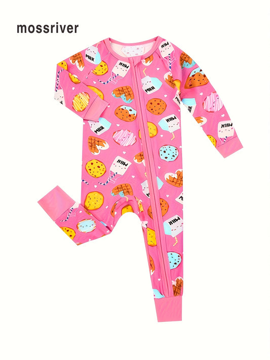 MossRiver Newborn baby girl stretch comfortable bamboo fiber tight-fitting zipper jumpsuit Food series cartoon pink biscuit milk print pattern Baby girl bodysuit can be worn outside