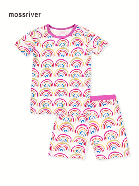 MossRiver Baby Girl Short Sleeve Short Pants Pajamas Underwear Set Tight Fit High Quality Soft Fabric Bamboo Fiber Small Rainbow Printed Pattern Long Sleeve Long Pants Home Wear Set