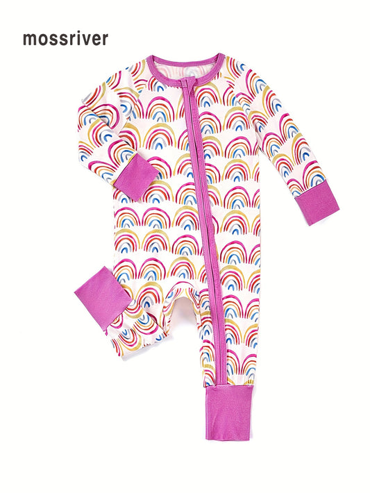 MossRiver Newborn baby male and female baby bamboo fiber tight fit zipper jumpsuit cartoon rainbow series print pattern jumpsuit front open button baby boy and girl baby autumn and winter bamboo fiber clothes
