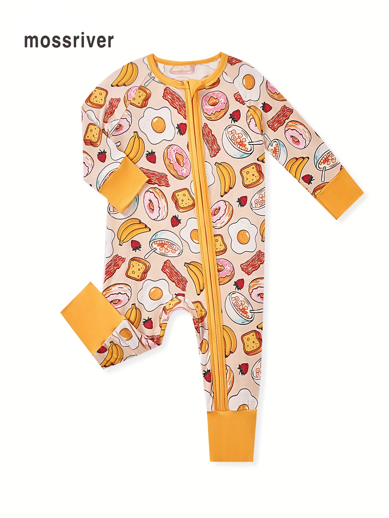 MossRiver Newborns, male and female infants, casual bamboo fiber skinny zipper onesies, food series, eggs, fruits, series printed patterns, baby onesies, bamboo fiber clothes for boys and girls