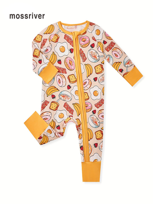 MossRiver Newborns, male and female infants, casual bamboo fiber skinny zipper onesies, food series, eggs, fruits, series printed patterns, baby onesies, bamboo fiber clothes for boys and girls